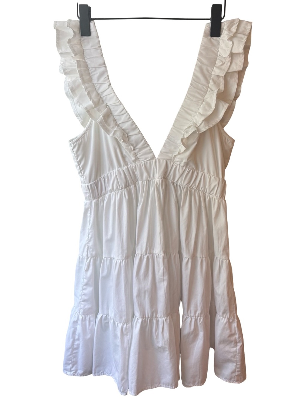Women’s White Ruffle V-Neck Tiered Dress